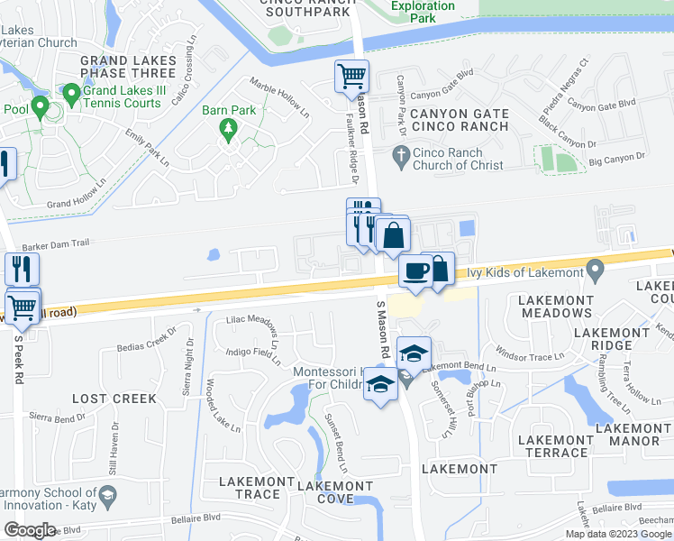map of restaurants, bars, coffee shops, grocery stores, and more near 20900 Farm to Market 1093 in Richmond
