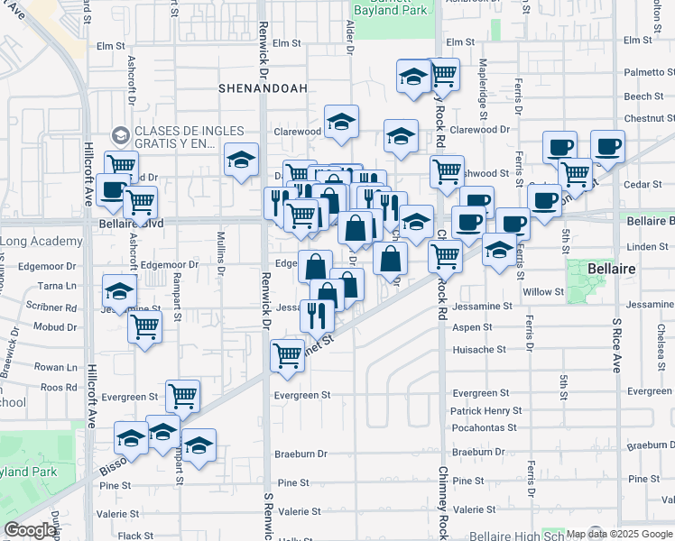 map of restaurants, bars, coffee shops, grocery stores, and more near 5706 Parwill Street in Houston