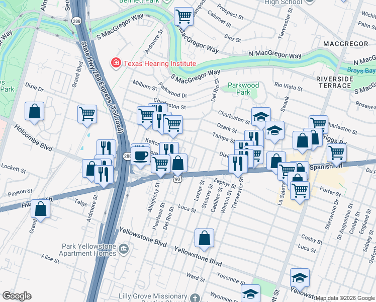 map of restaurants, bars, coffee shops, grocery stores, and more near 6407 Peerless Street in Houston