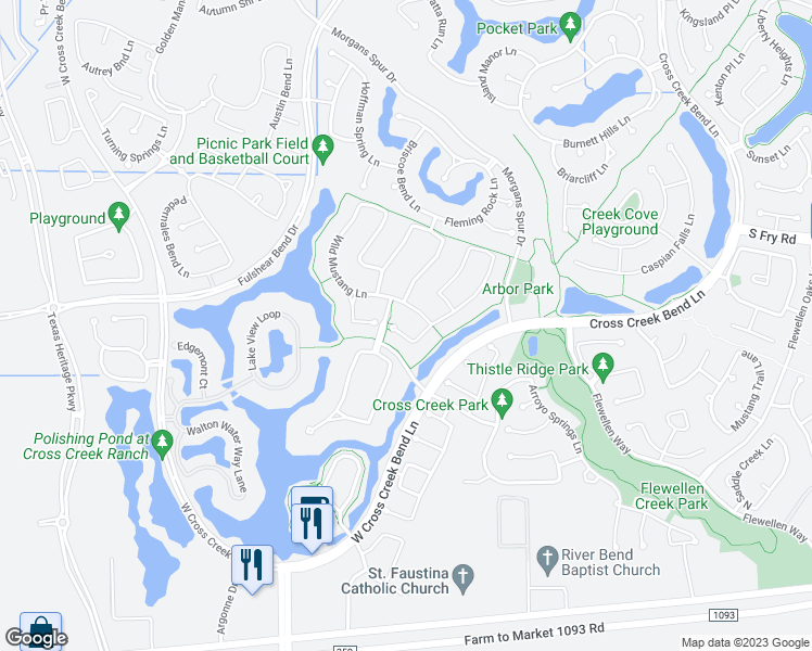 map of restaurants, bars, coffee shops, grocery stores, and more near 28214 Churchill Court in Fulshear