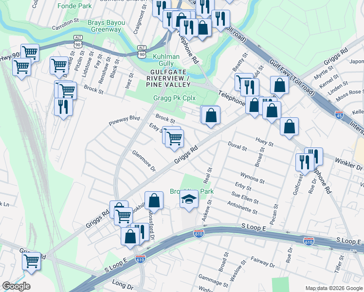 map of restaurants, bars, coffee shops, grocery stores, and more near 3822 Erby Street in Houston