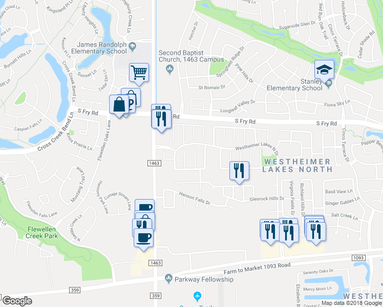 map of restaurants, bars, coffee shops, grocery stores, and more near 6118 Grassy Haven Lane in Katy