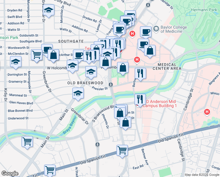 map of restaurants, bars, coffee shops, grocery stores, and more near 7000 Fannin Street in Houston