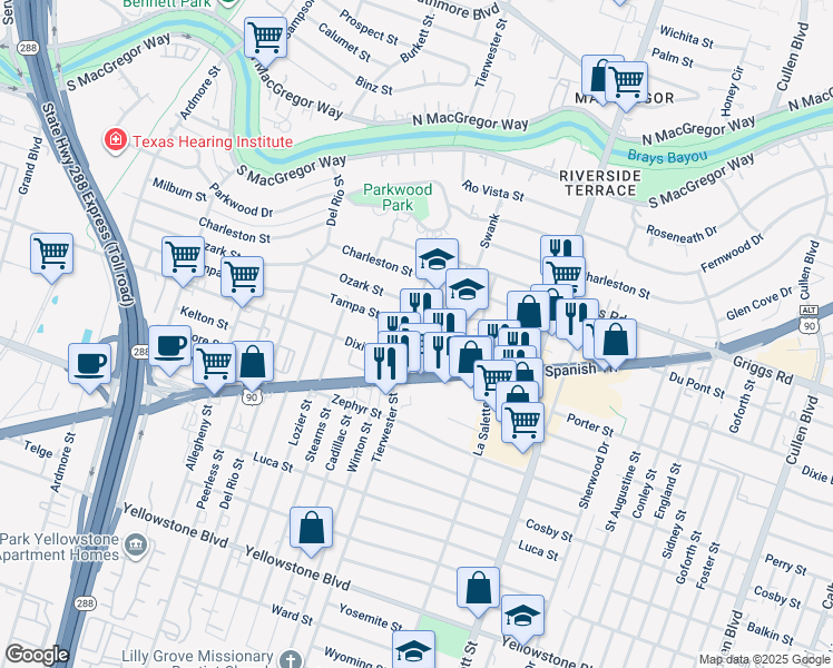 map of restaurants, bars, coffee shops, grocery stores, and more near 6225 Tierwester Street in Houston