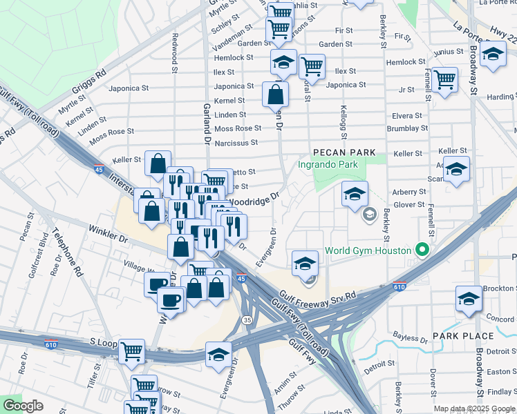 map of restaurants, bars, coffee shops, grocery stores, and more near 7106 Deborah Street in Houston