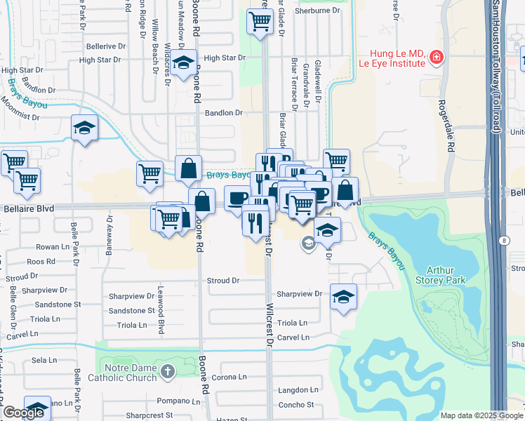 map of restaurants, bars, coffee shops, grocery stores, and more near 7003-7199 Wilcrest Drive in Houston