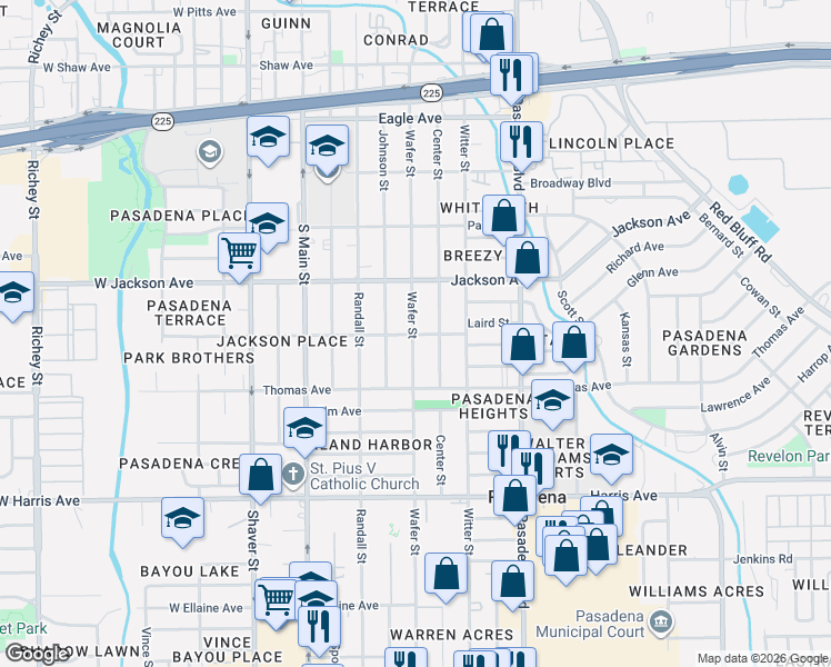 map of restaurants, bars, coffee shops, grocery stores, and more near 607 Wafer Street in Pasadena