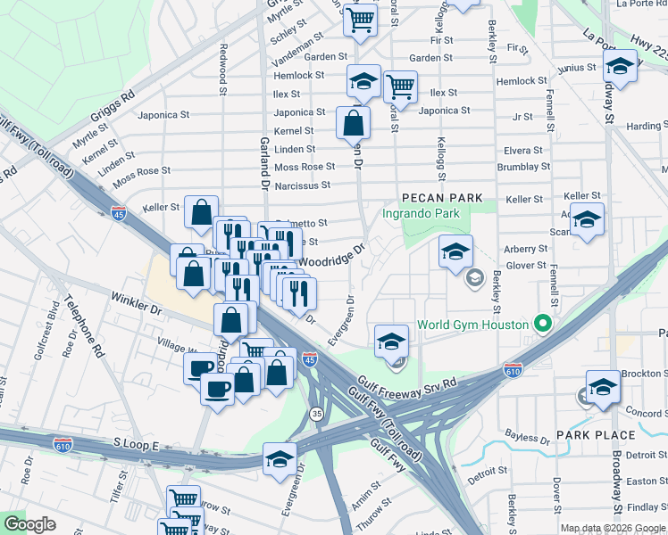 map of restaurants, bars, coffee shops, grocery stores, and more near 7106 Deborah Street in Houston