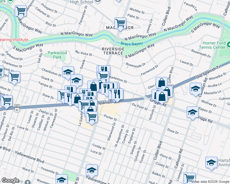 map of restaurants, bars, coffee shops, grocery stores, and more near 3929 Old Spanish Trail in Houston
