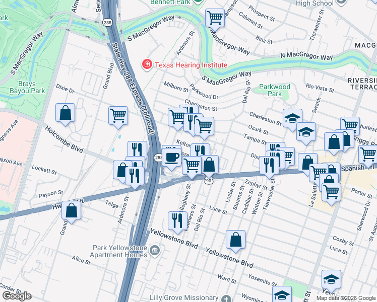 map of restaurants, bars, coffee shops, grocery stores, and more near 3351 Kilgore Street in Houston
