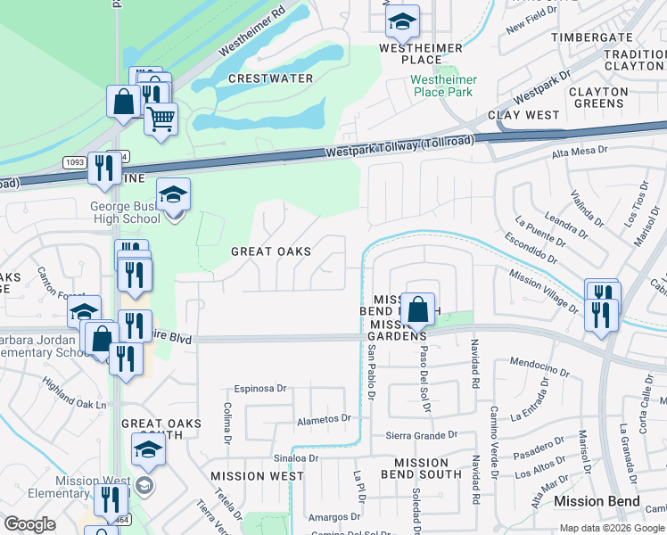 map of restaurants, bars, coffee shops, grocery stores, and more near 16414 Great Oaks Hollow Drive in Houston