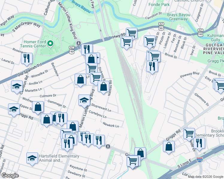 map of restaurants, bars, coffee shops, grocery stores, and more near 5217 Pomander Road in Houston