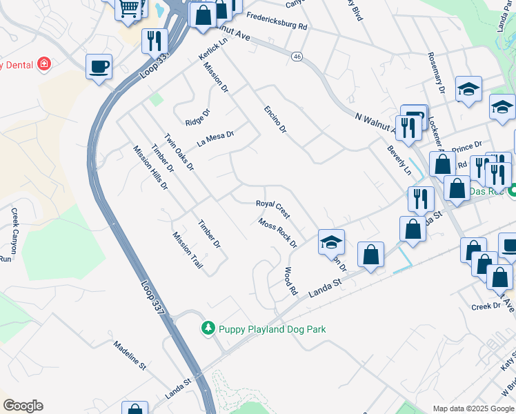 map of restaurants, bars, coffee shops, grocery stores, and more near 13 Trail View in New Braunfels