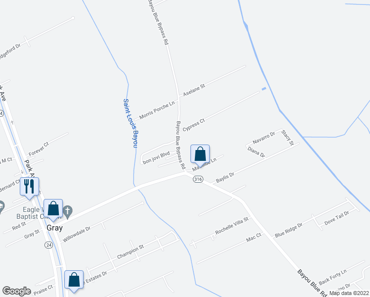 map of restaurants, bars, coffee shops, grocery stores, and more near 116 Bayou Blue Bypass Road in Gray