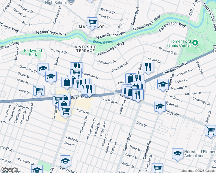 map of restaurants, bars, coffee shops, grocery stores, and more near 4104 Griggs Road in Houston