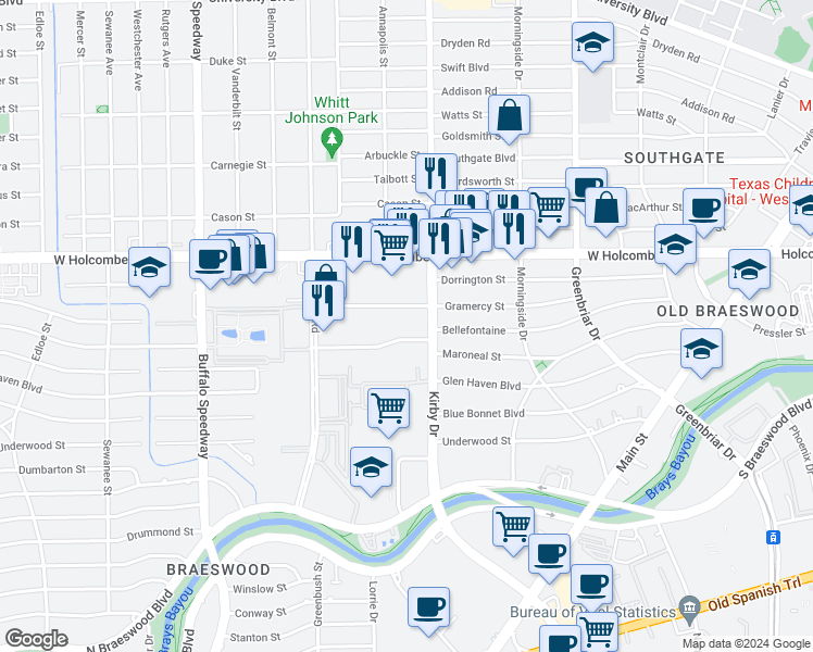 map of restaurants, bars, coffee shops, grocery stores, and more near 2601 Bellefontaine in Houston