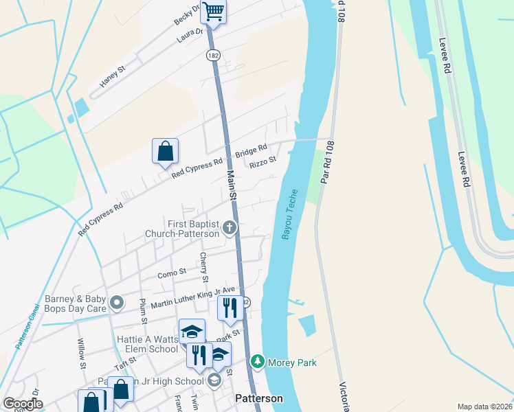 map of restaurants, bars, coffee shops, grocery stores, and more near 116 Freeman Street in Patterson