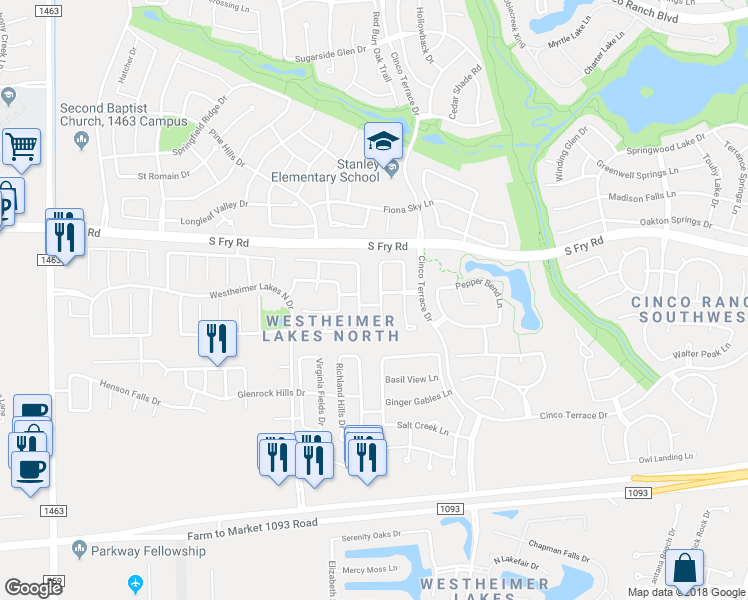 map of restaurants, bars, coffee shops, grocery stores, and more near 6106 Emberwood Falls Drive in Katy