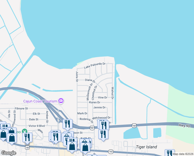 map of restaurants, bars, coffee shops, grocery stores, and more near 1601 Chestnut Drive in Morgan City