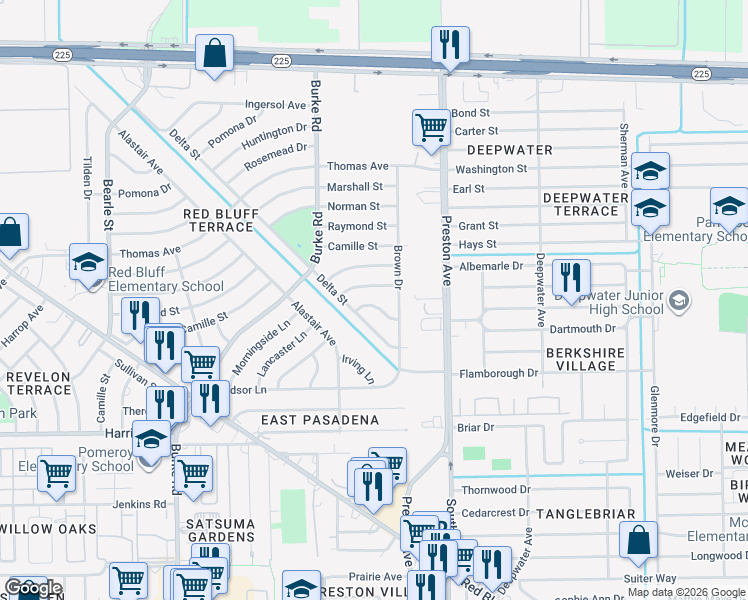 map of restaurants, bars, coffee shops, grocery stores, and more near 532 Delta Street in Pasadena
