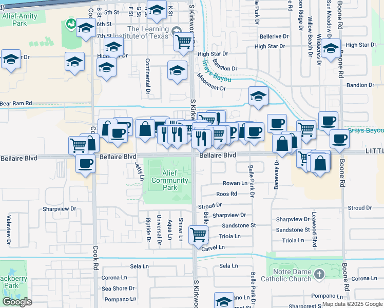 map of restaurants, bars, coffee shops, grocery stores, and more near Bellaire Blvd & S Kirkwood Rd in Houston