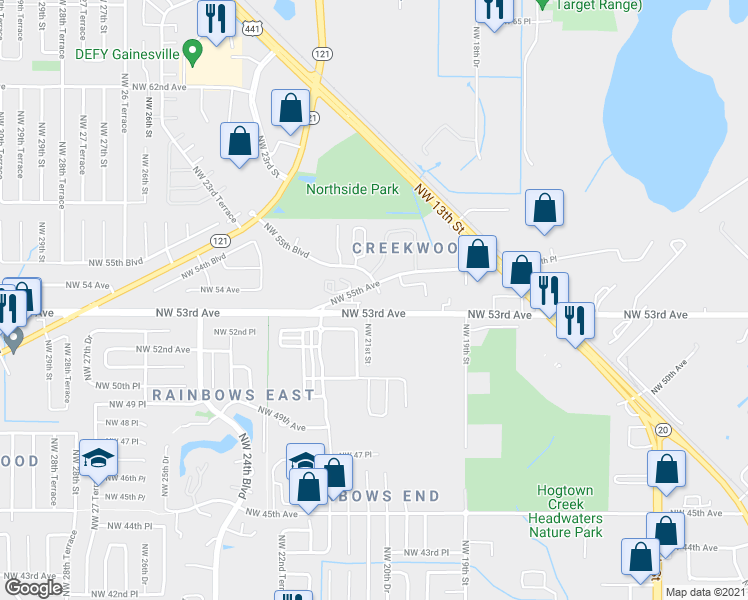 map of restaurants, bars, coffee shops, grocery stores, and more near 5404 Northwest 20th Way in Gainesville