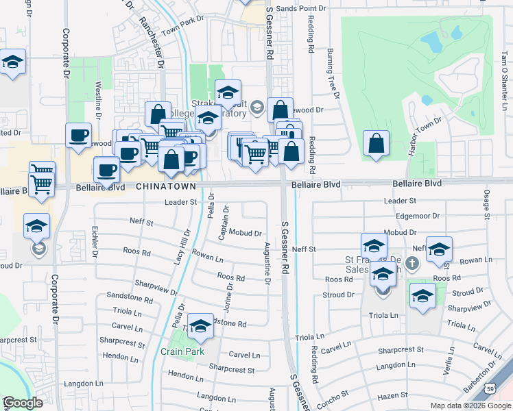 map of restaurants, bars, coffee shops, grocery stores, and more near 8723 Bellaire Boulevard in Houston