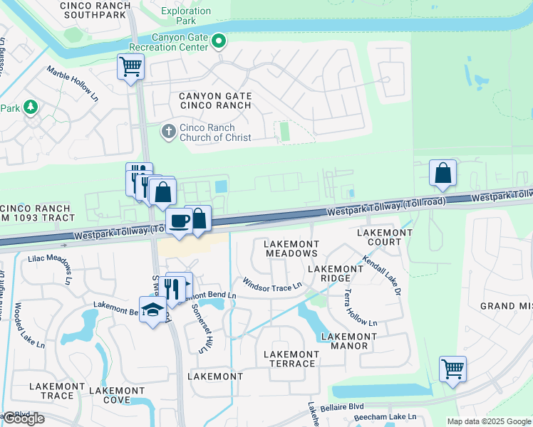map of restaurants, bars, coffee shops, grocery stores, and more near Farm to Market Road 1093 in Richmond