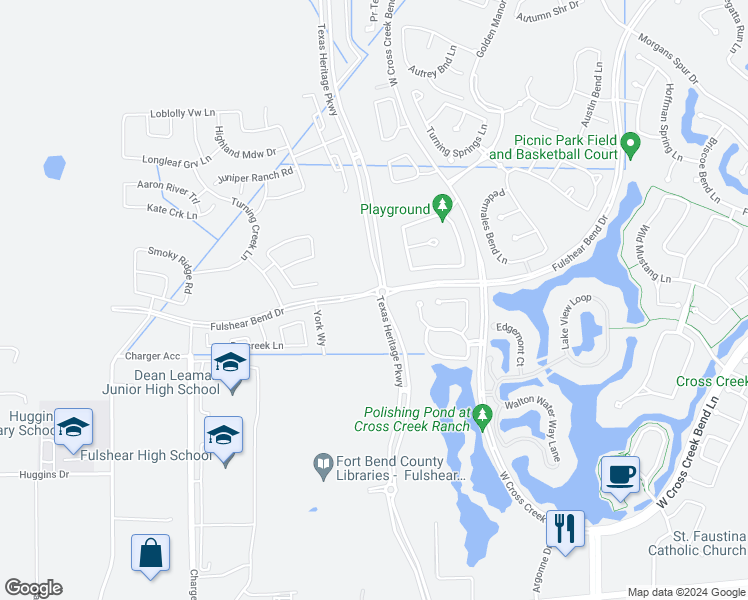 map of restaurants, bars, coffee shops, grocery stores, and more near Waterlilly Park Lane in Fulshear