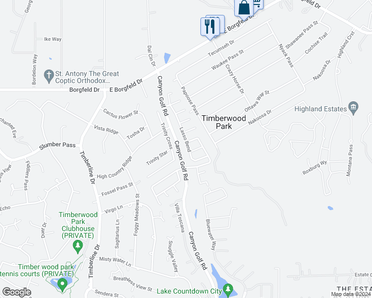 map of restaurants, bars, coffee shops, grocery stores, and more near 27327 Lasso Bend in San Antonio