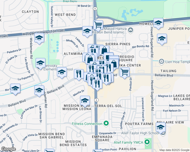 map of restaurants, bars, coffee shops, grocery stores, and more near 6806 Highway 6 in Houston