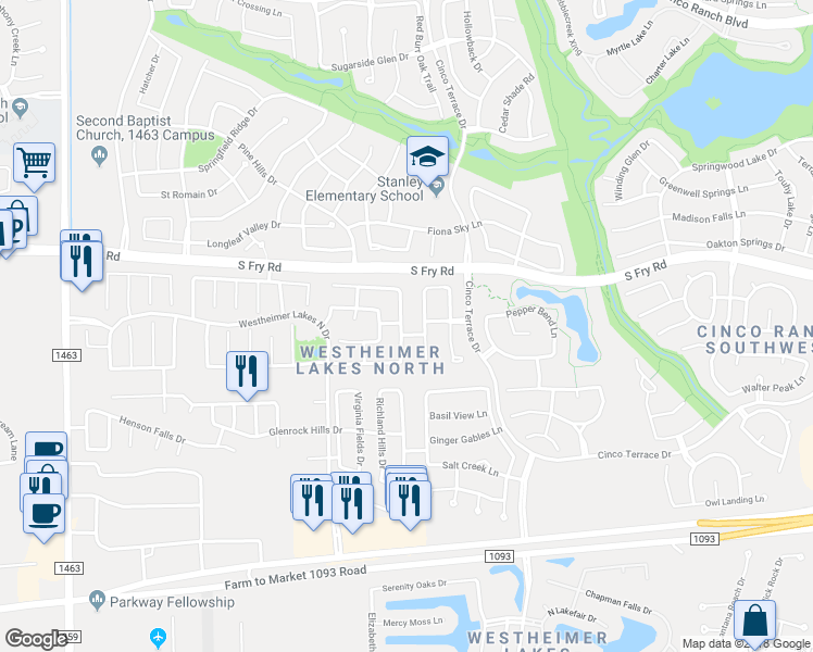 map of restaurants, bars, coffee shops, grocery stores, and more near 6107 Starbrook Creek Drive in Katy