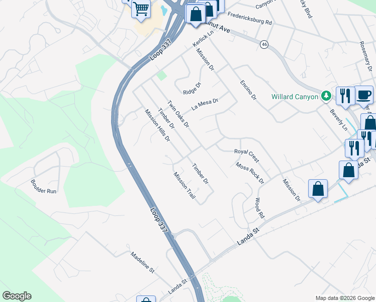 map of restaurants, bars, coffee shops, grocery stores, and more near 813 Timber Drive in New Braunfels