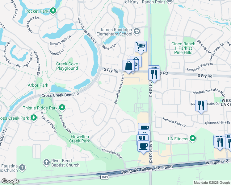 map of restaurants, bars, coffee shops, grocery stores, and more near 5811 Trinity Bluff Court in Fulshear