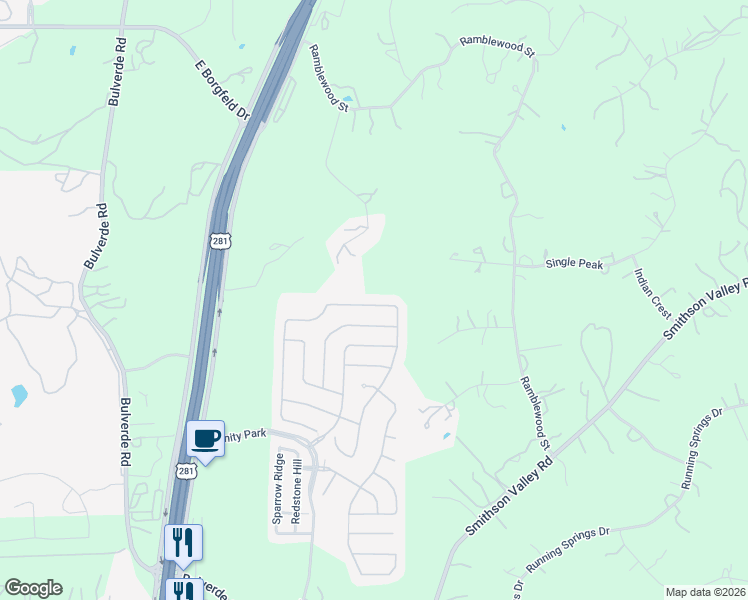 map of restaurants, bars, coffee shops, grocery stores, and more near 27504 Twin Peak Street in San Antonio