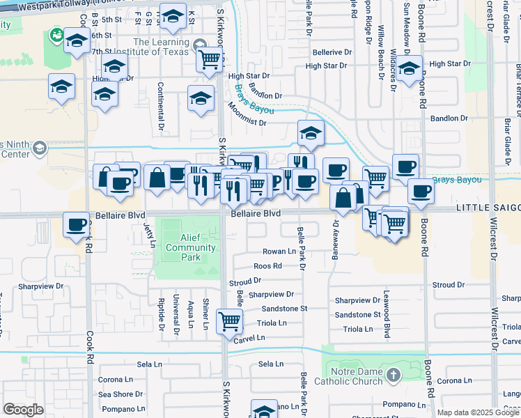 map of restaurants, bars, coffee shops, grocery stores, and more near 11772 Bellaire Boulevard in Houston