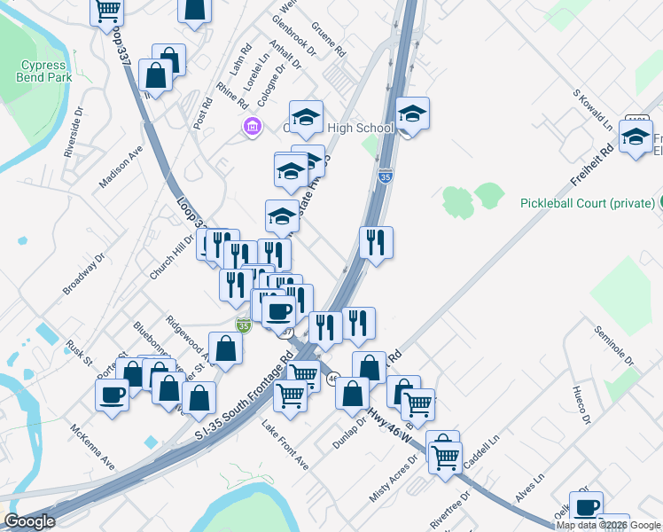 map of restaurants, bars, coffee shops, grocery stores, and more near 250 Skyview Avenue in New Braunfels