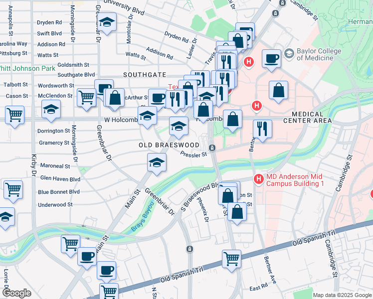 map of restaurants, bars, coffee shops, grocery stores, and more near 6935 Main street in Houston