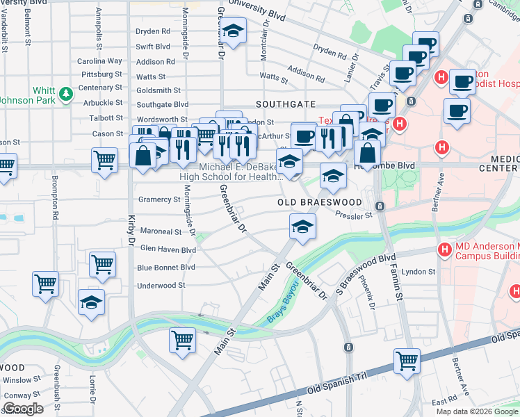 map of restaurants, bars, coffee shops, grocery stores, and more near 2218 Bellefontaine in Houston