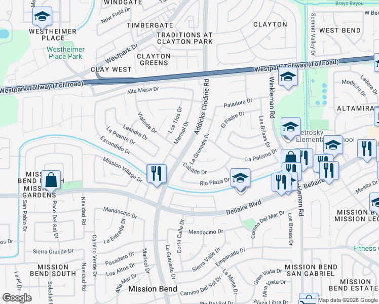 map of restaurants, bars, coffee shops, grocery stores, and more near 6818 Addicks Clodine Road in Houston