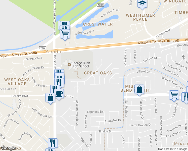 map of restaurants, bars, coffee shops, grocery stores, and more near 16706 Great Oaks Glen Drive in Houston