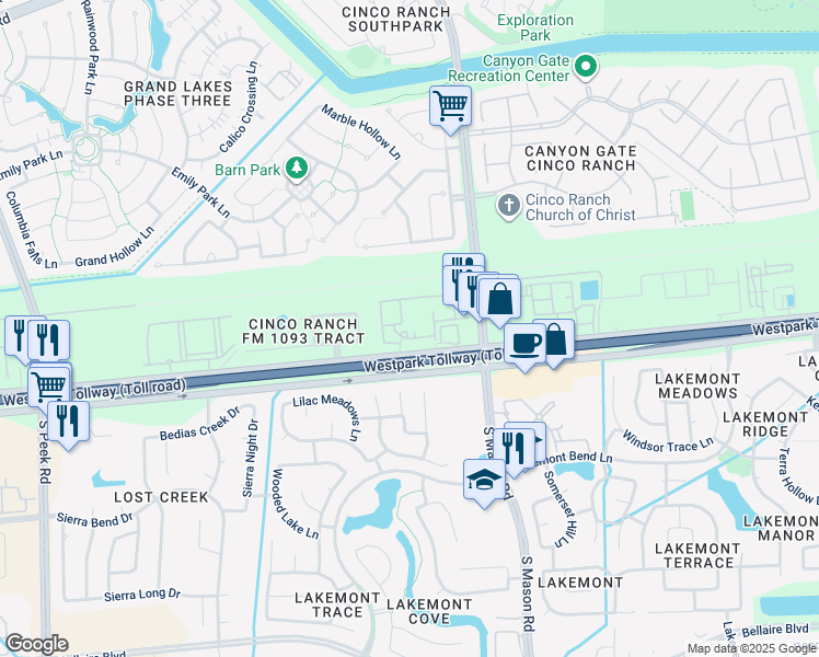 map of restaurants, bars, coffee shops, grocery stores, and more near 20900 Farm to Market 1093 in Richmond