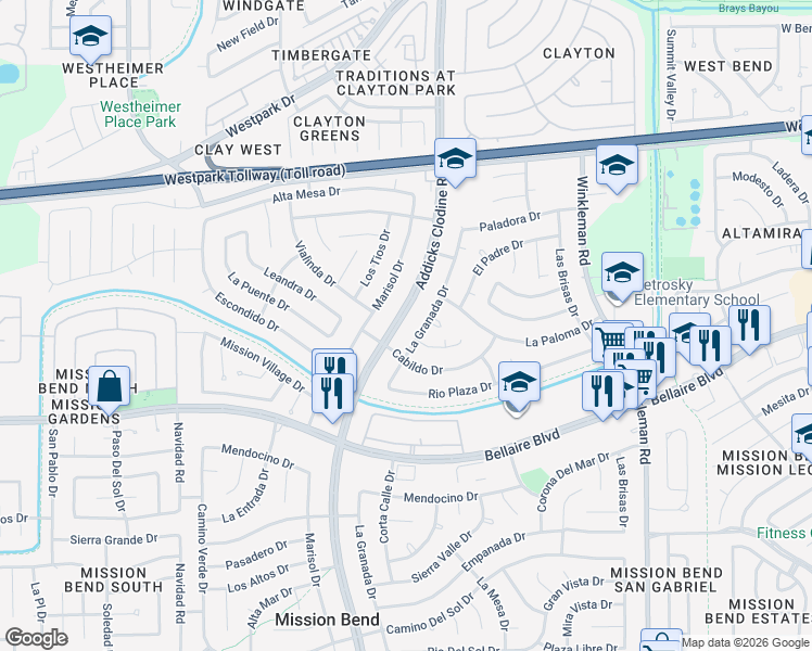 map of restaurants, bars, coffee shops, grocery stores, and more near 6818 Addicks Clodine Road in Houston