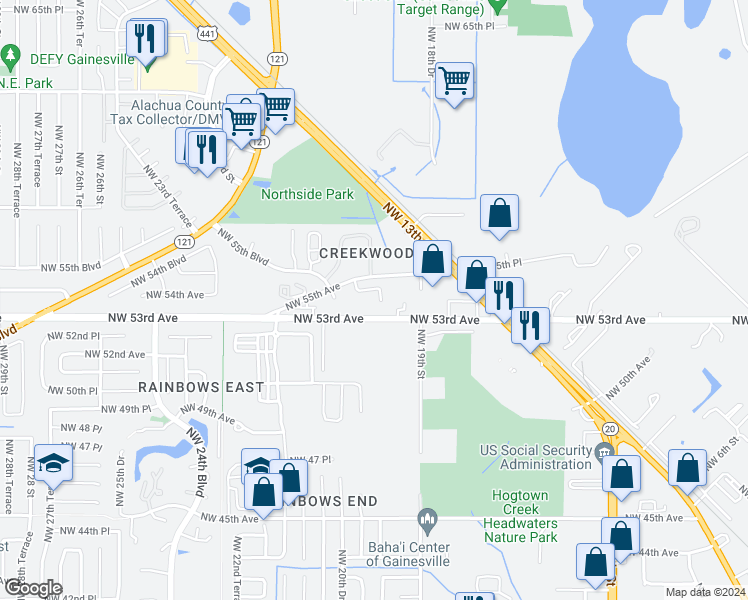 map of restaurants, bars, coffee shops, grocery stores, and more near 5320 Northwest 20 Court in Gainesville