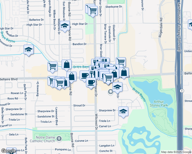 map of restaurants, bars, coffee shops, grocery stores, and more near Bellaire Boulevard & Wilcrest Drive in Houston