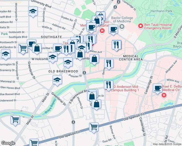 map of restaurants, bars, coffee shops, grocery stores, and more near Pressler Street in Houston