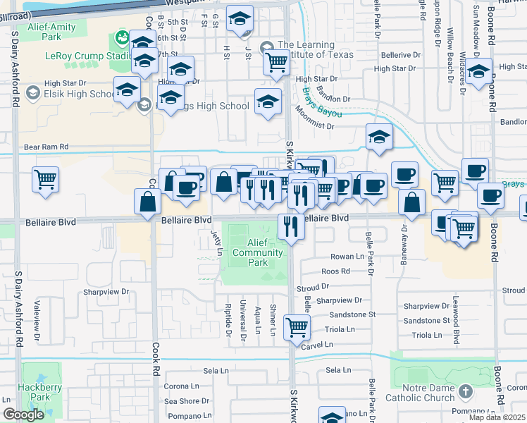 map of restaurants, bars, coffee shops, grocery stores, and more near 11936 Bellaire Boulevard in Houston
