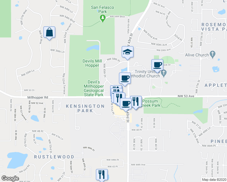 map of restaurants, bars, coffee shops, grocery stores, and more near 5413 Northwest 45 Drive in Gainesville