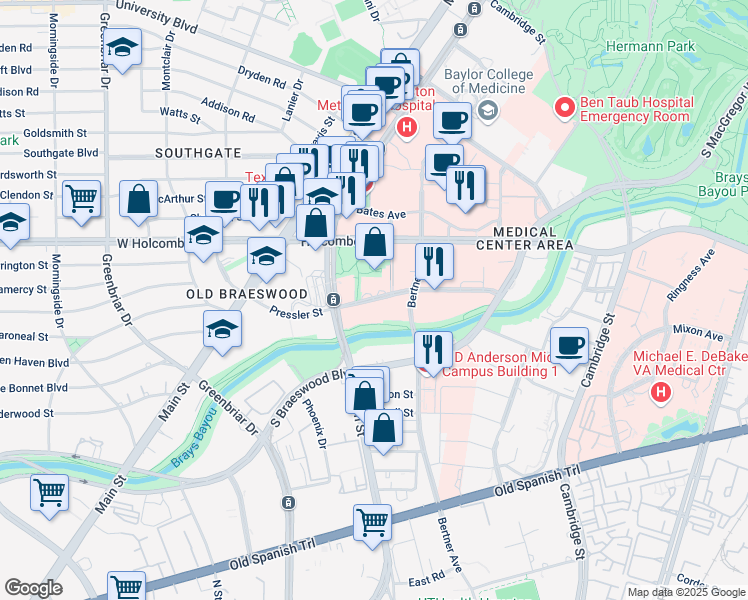 map of restaurants, bars, coffee shops, grocery stores, and more near Pressler Street in Houston