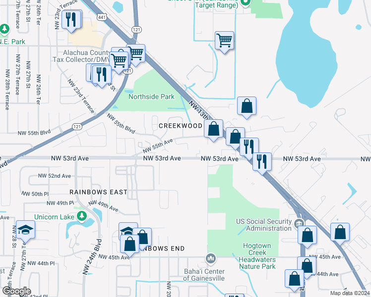 map of restaurants, bars, coffee shops, grocery stores, and more near 1919 Northwest 55th Avenue in Gainesville